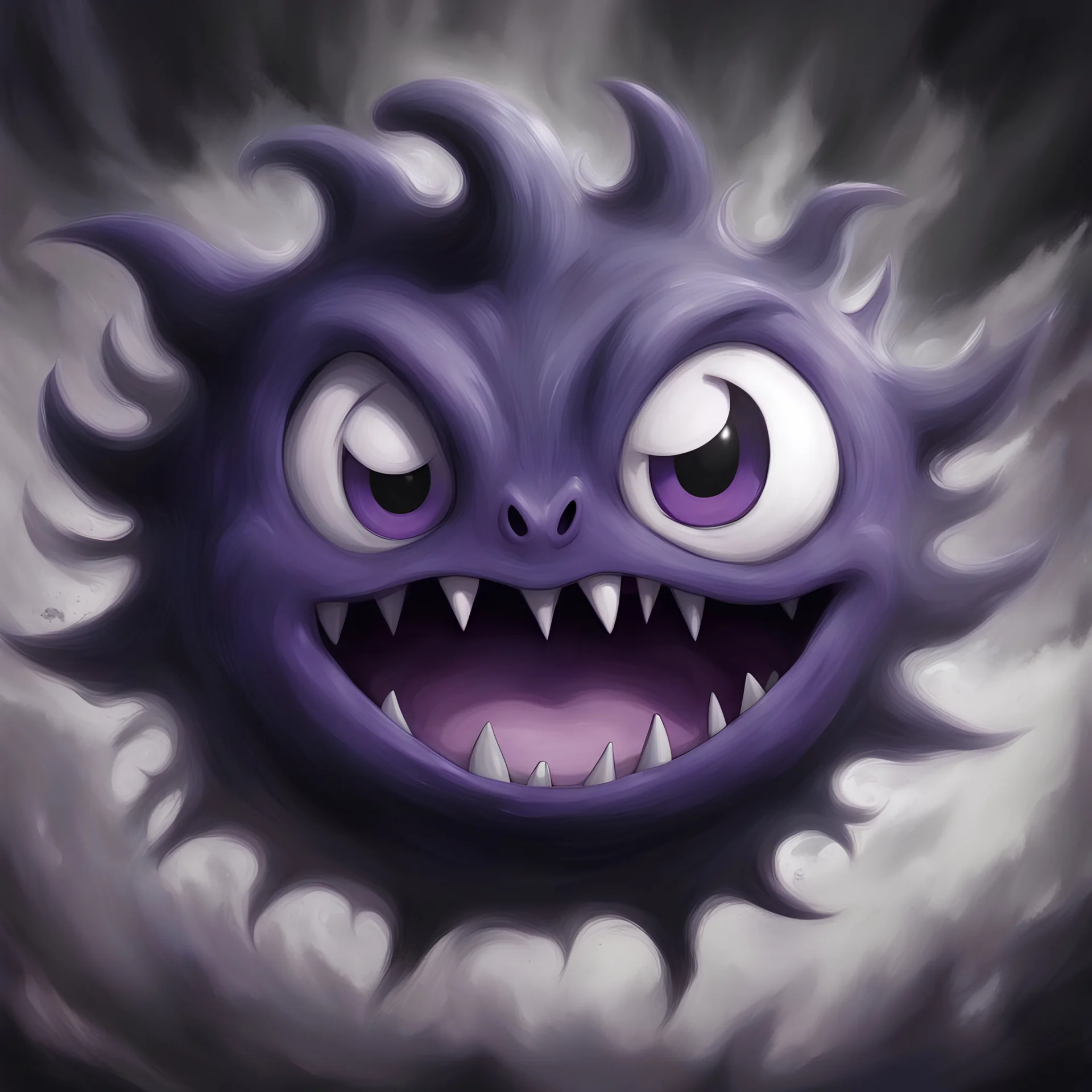 closeup of gastly Pokemon. No detailed background.Magical. Epic. Dramatic, highly detailed, digital painting, masterpiece Negative: worst quality, blurry, bad quality, grayscale,malformed face, deformed, deformed face, deformations