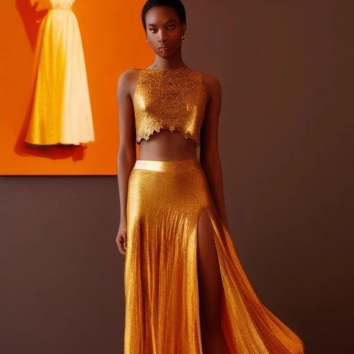 Full body portrait, painting, medium shot lady volumetric molten gold cropped top and volumetric molten gold filigree miniskirt