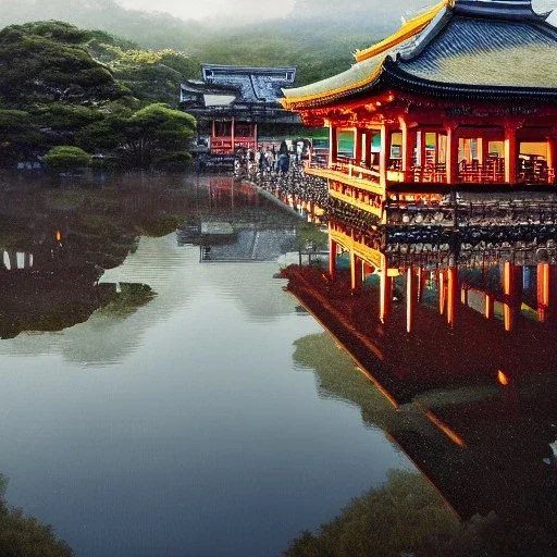 Kiyomizu-dera temple in front of reflective puddle of water and beautiful morning sky, mist, 8k, high-quality, ultrafine-detail, intricate, mixed media, painting, brian froud, howard lyon, anna dittmann, Greg Rutowski, alphonse mucha