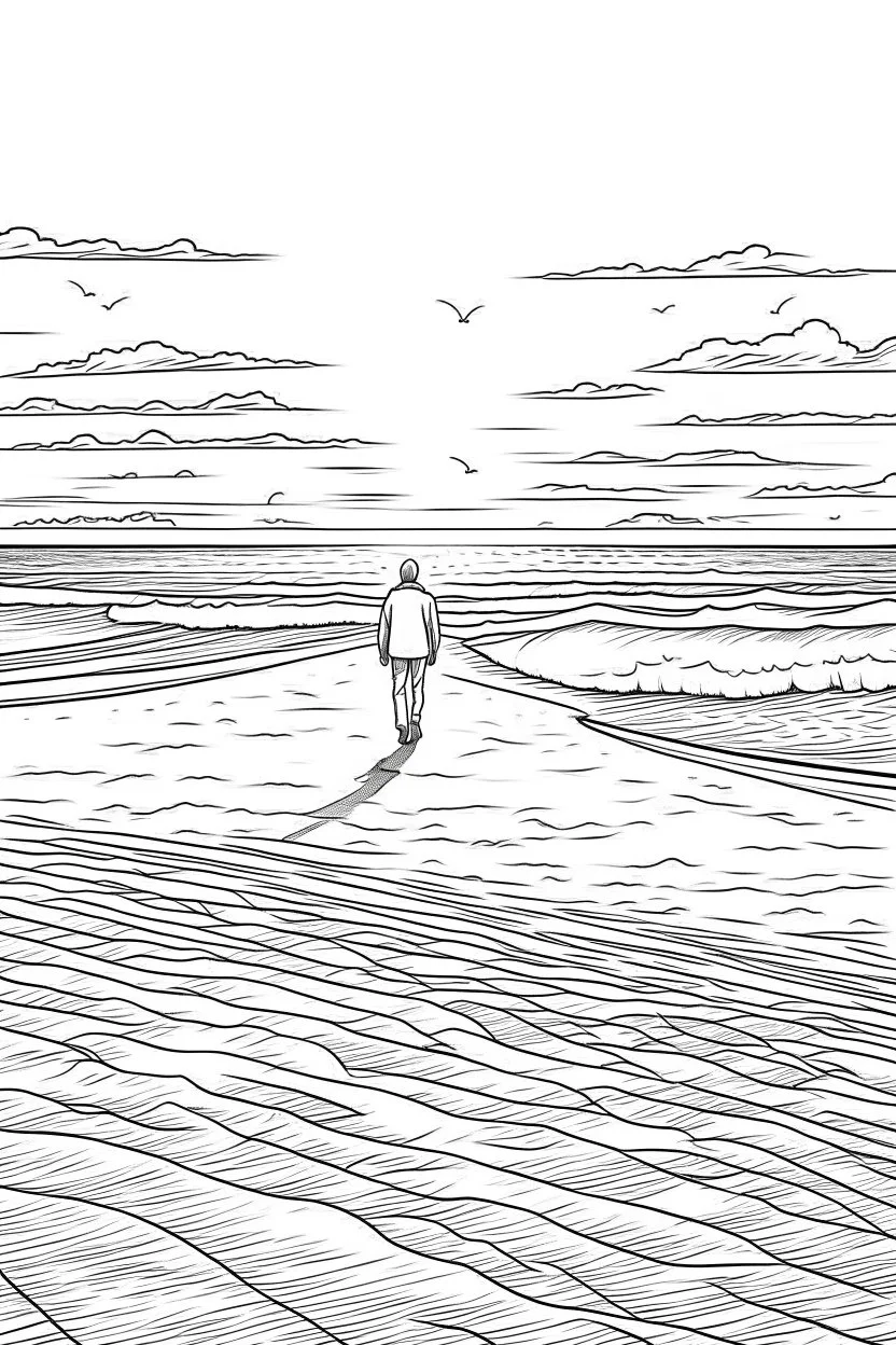 A solitary figure stands on an untouched, sandy beach, Footprints in the sand lead towards the horizon, symbolizing the freedom to explore and reflect in peaceful solitude.coloring book page, simple and clean line art, adult drawing book, black and white, crisp black lines, no shades, sharp lines, coloring book for adults, cartoon style, landscape