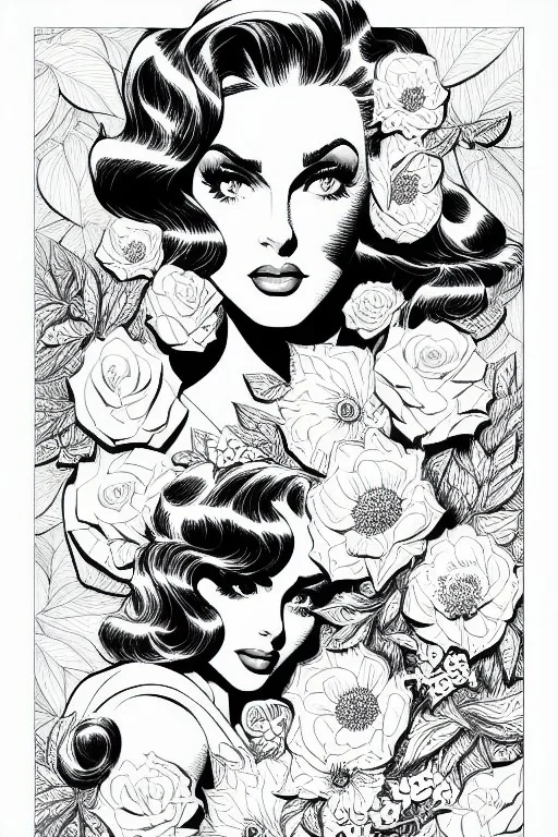 hyper detailed, black and white, thick line, coloring book illustration, lineart, stunningly beautiful woman in flowers, alex raymond style