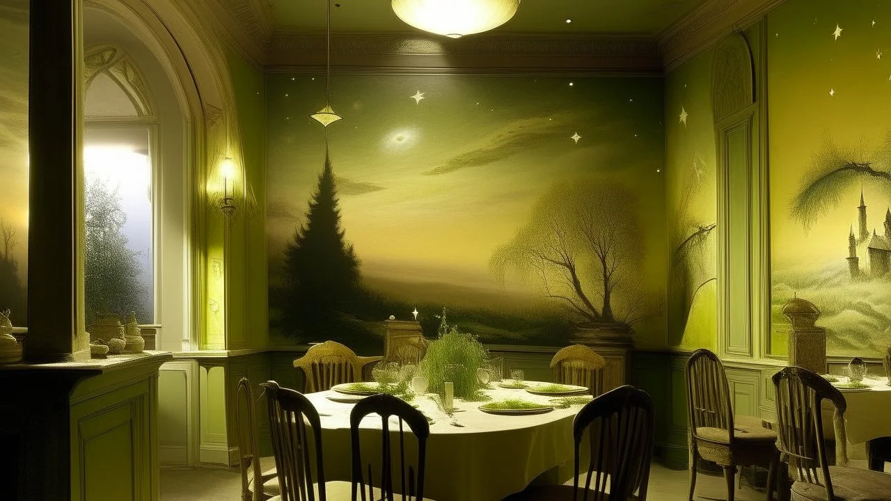 A pale greenish yellow starlight themed restaurant painted by Caspar David Friedrich