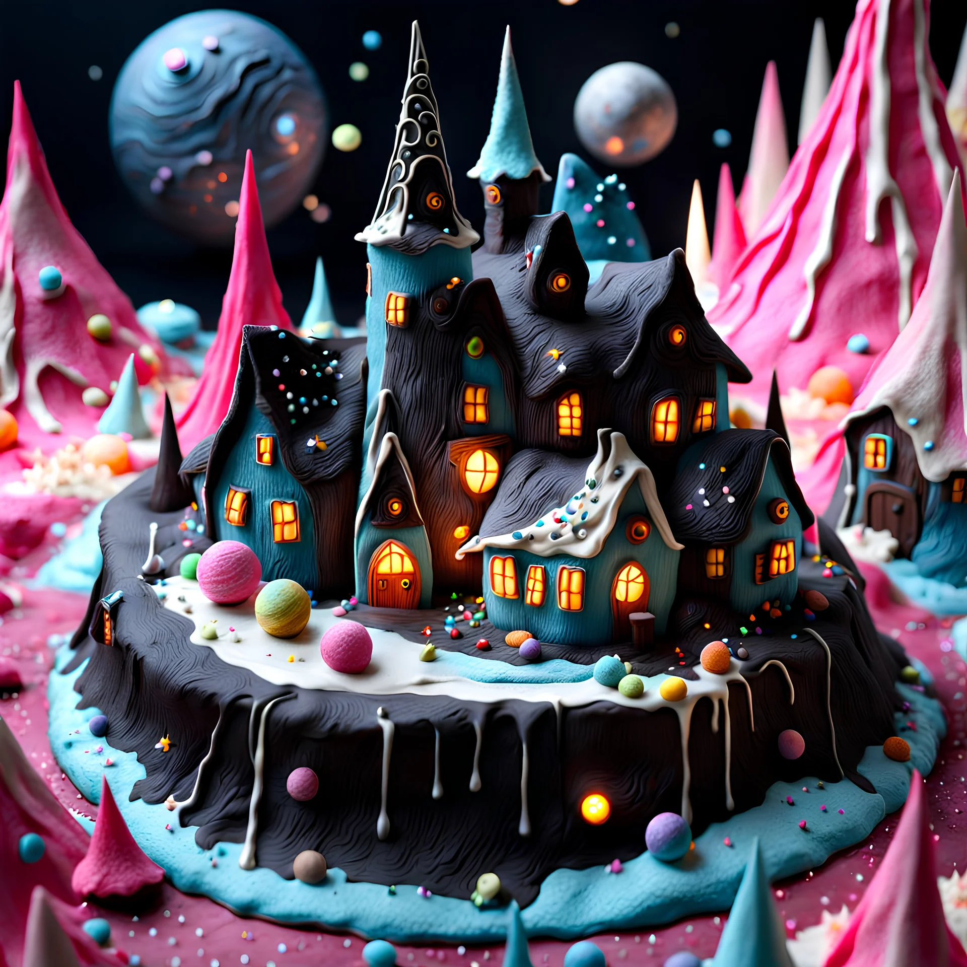 detailed creepy village made of cake frosting, felt, melting steel, strong texture, volumetric light, extreme detail, octane render, stars and planets, Yves Tanguy, Max Ernst