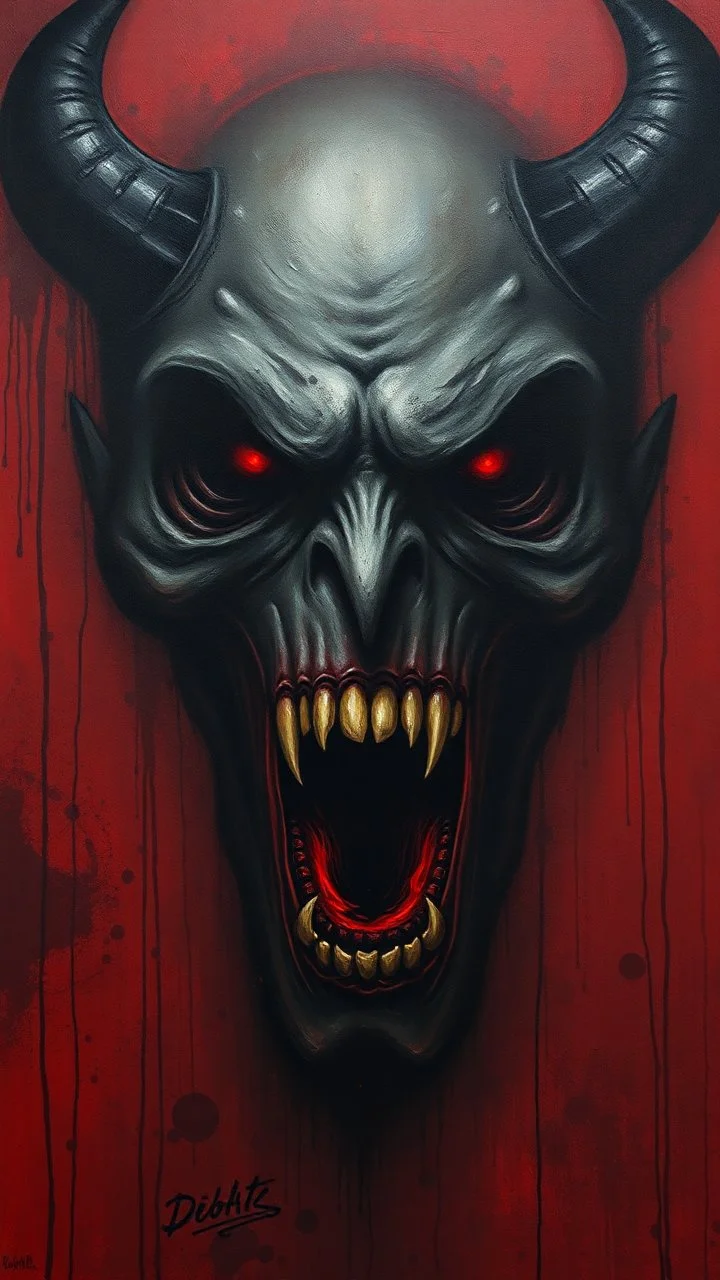 Bosch style painting , A shadow of a spirit inside an evil open mouth face in details on red bloody background