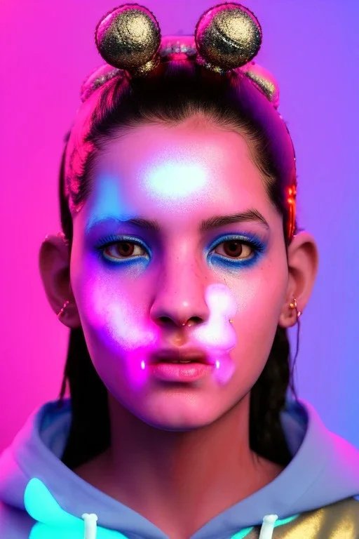 Ultra Realistic image, Rosalía artist, portrait, waist up portrait, long black eye line, sweet face, inflatable hoodie, gold pink and blue style, spray glow make up, led lights, neon, rings piercing nose, led ornament, fog, cold, bubble latex coat, vibrant color, highly detailed, art stations, concept art, smooth, unreal engine 5, god rays, ray tracing, RTX, lumen lighting, ultra detail, volumetric lighting, 3d, finely drawn, high definition, high resolution.