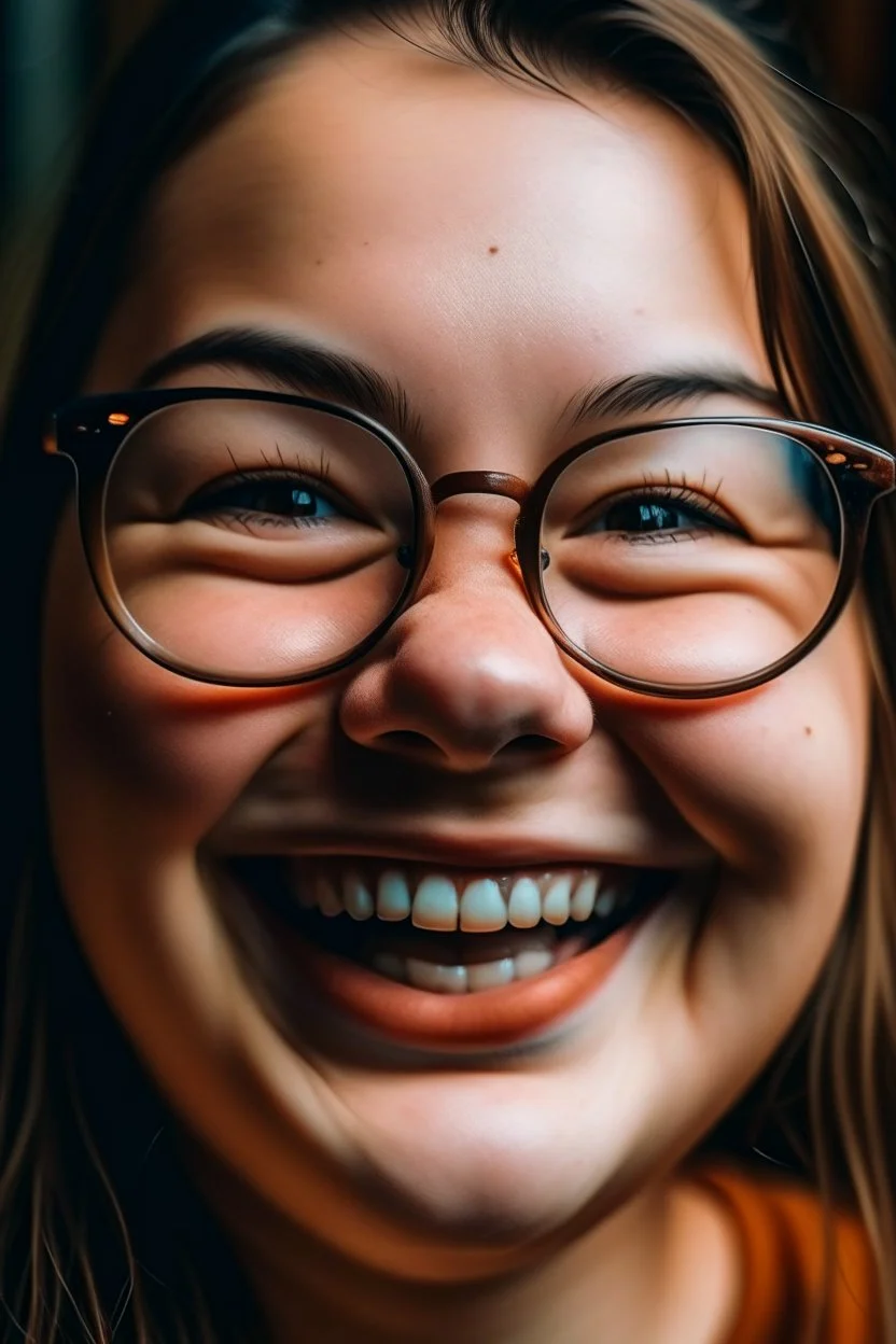 mujer con lentes, dientes inmensos chuecos, piel grasosa y muchos granos