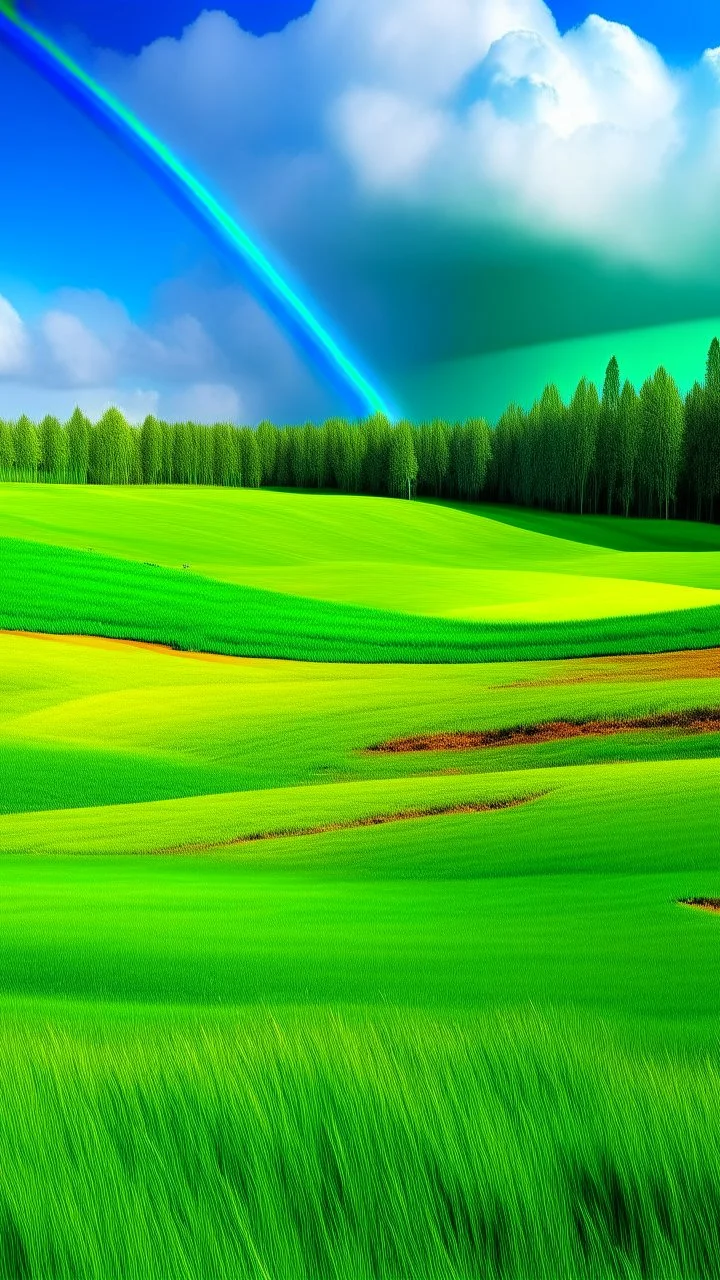 A green golf course with clovers and a rainbow painted by Claude Monet