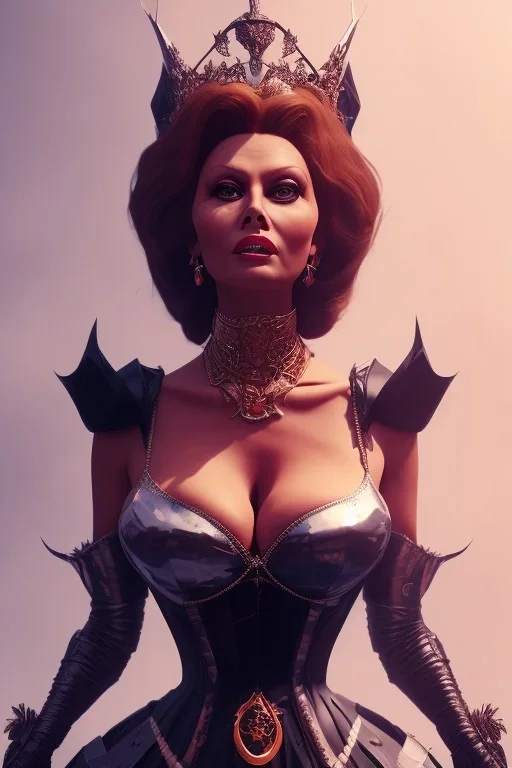 Sophia Loren as evil queen in leather, cleavage, angry, stern look. character design by cory loftis, fenghua zhong, ryohei hase, ismail inceoglu and ruan jia. unreal engine 5, artistic lighting, highly detailed, photorealistic, fantasy