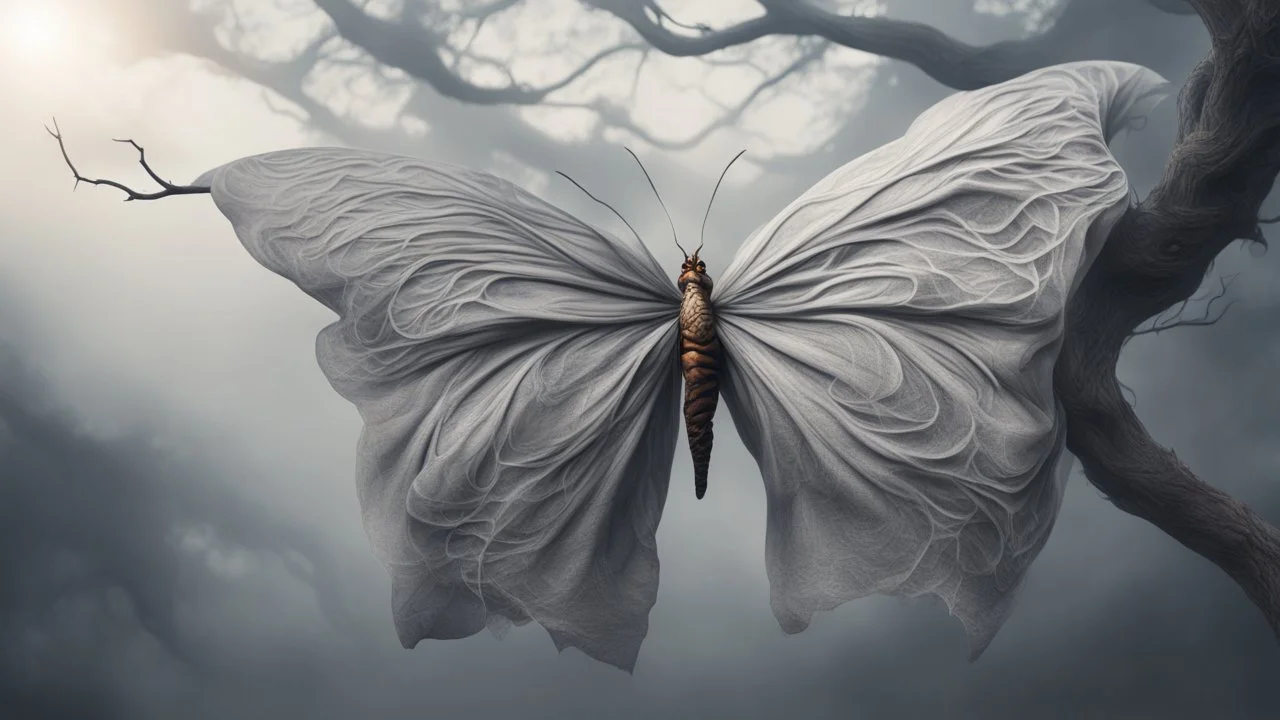 Multiple tangles between a twisted thin piece of cloth as part of many twisted and spiraling branches disappearing into the distant mist, epic photo, sharp on a very detailed butterfly, skin with wrinkles and high contrast, photorealistic, 4K, 3D, realism, hyperrealism, detail, good lighting, detailed texture, modern photography style, 3D, 4D, 4K --2:3