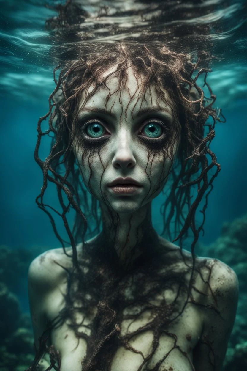 Underwater, closeup siren with big eyes, ragged clothes, fullbody, his skin translucent, black veins that extended like roots, 8k,macro photography,