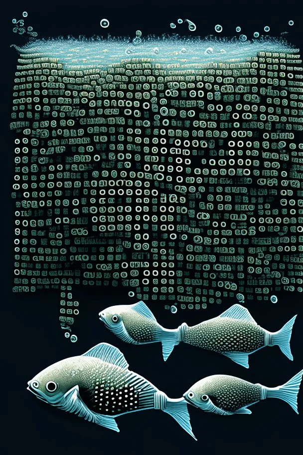 The artwork "school of ASCII fish swimming by" depicts a school of fish where each one is created from a less than sign, a greater than sign, and a less than sign on the computer keyboard "<><"