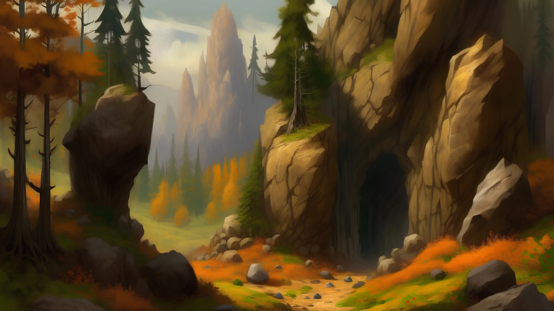 A secluded mountain alcove, burt pine trees, scorched earth, many craggs, realistic, medieval, painterly,