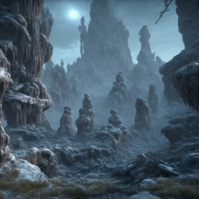  4k, 8k, unreal engine, highly detailed, cinematic, photorealistic, alien landscape, ancient alien ruins with symbols, ice, volumetric lighting