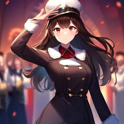 Clear Focus, High resolution, glowing red eyes, wearing a train conductor uniform, long dark brown hair, front hair is straight but the rest is fluffy, wearing a train conductor hat