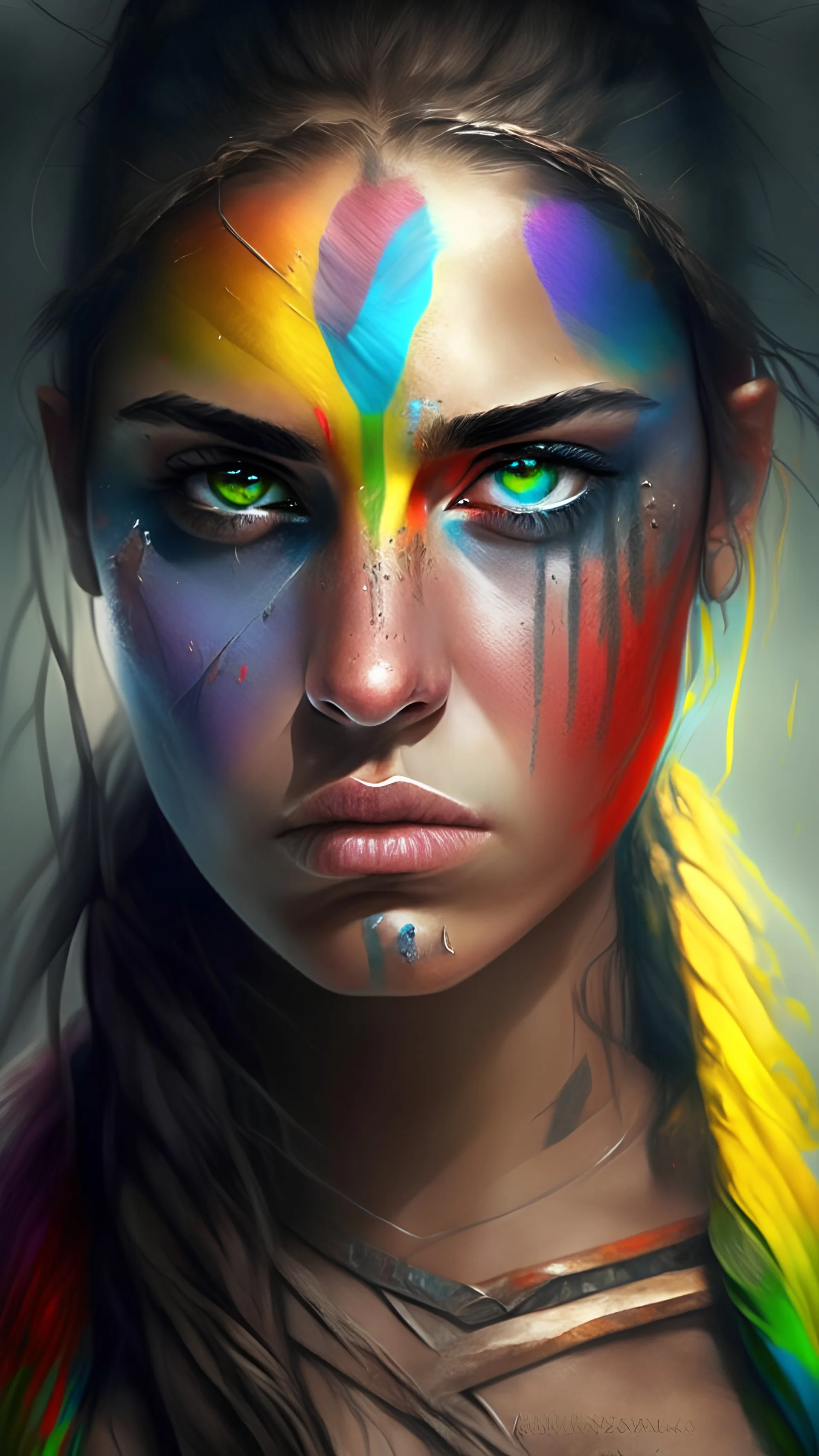 Beautiful girl with rainbow eyes, warrior, strong, sad, resilient, medium breasts.