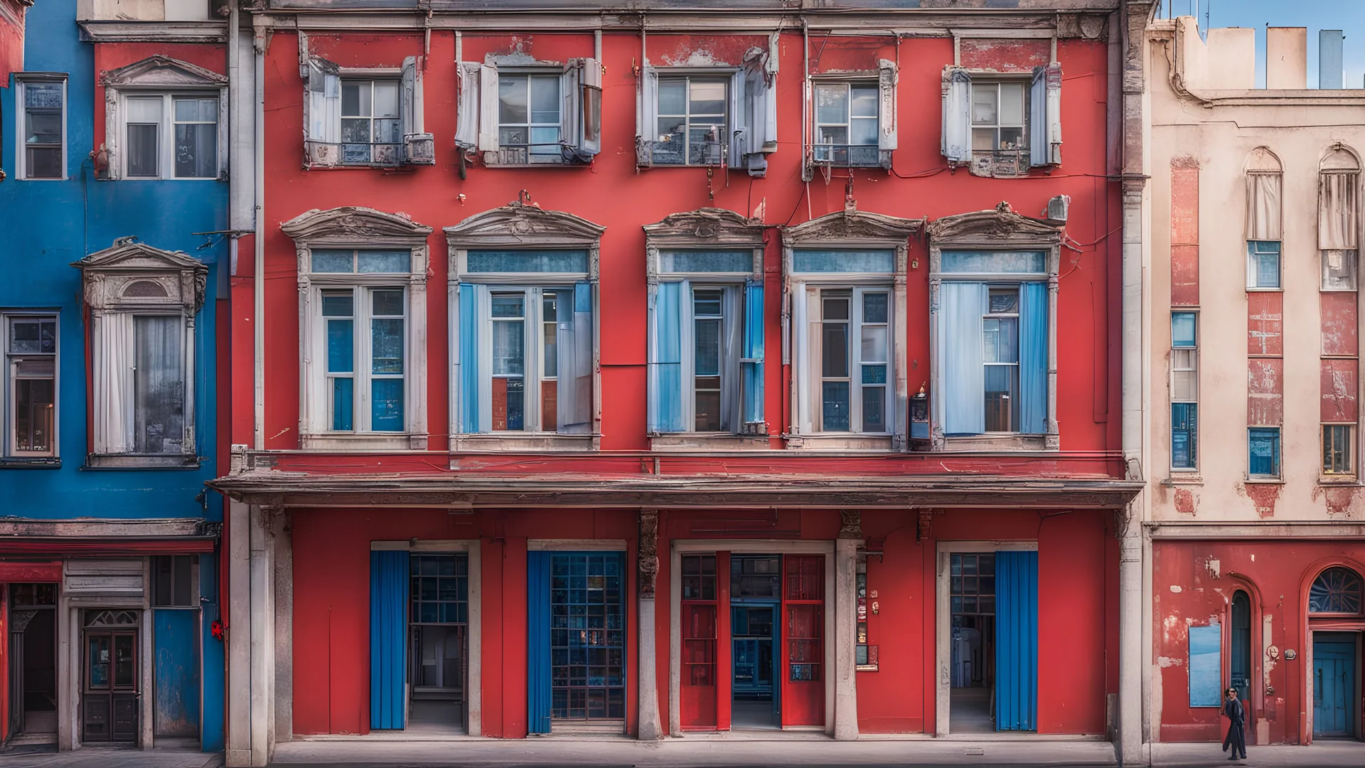 A building with a vibrant red and blue facade featuring several windows with white frames and one window with a partially drawn curtain, surrounded by a bustling city street