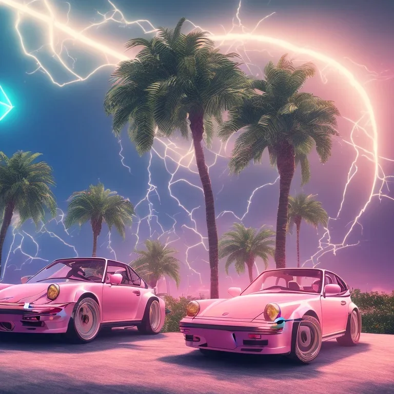 1980's aesthetic vaporwave palm trees and spheres and Porsche with lightning