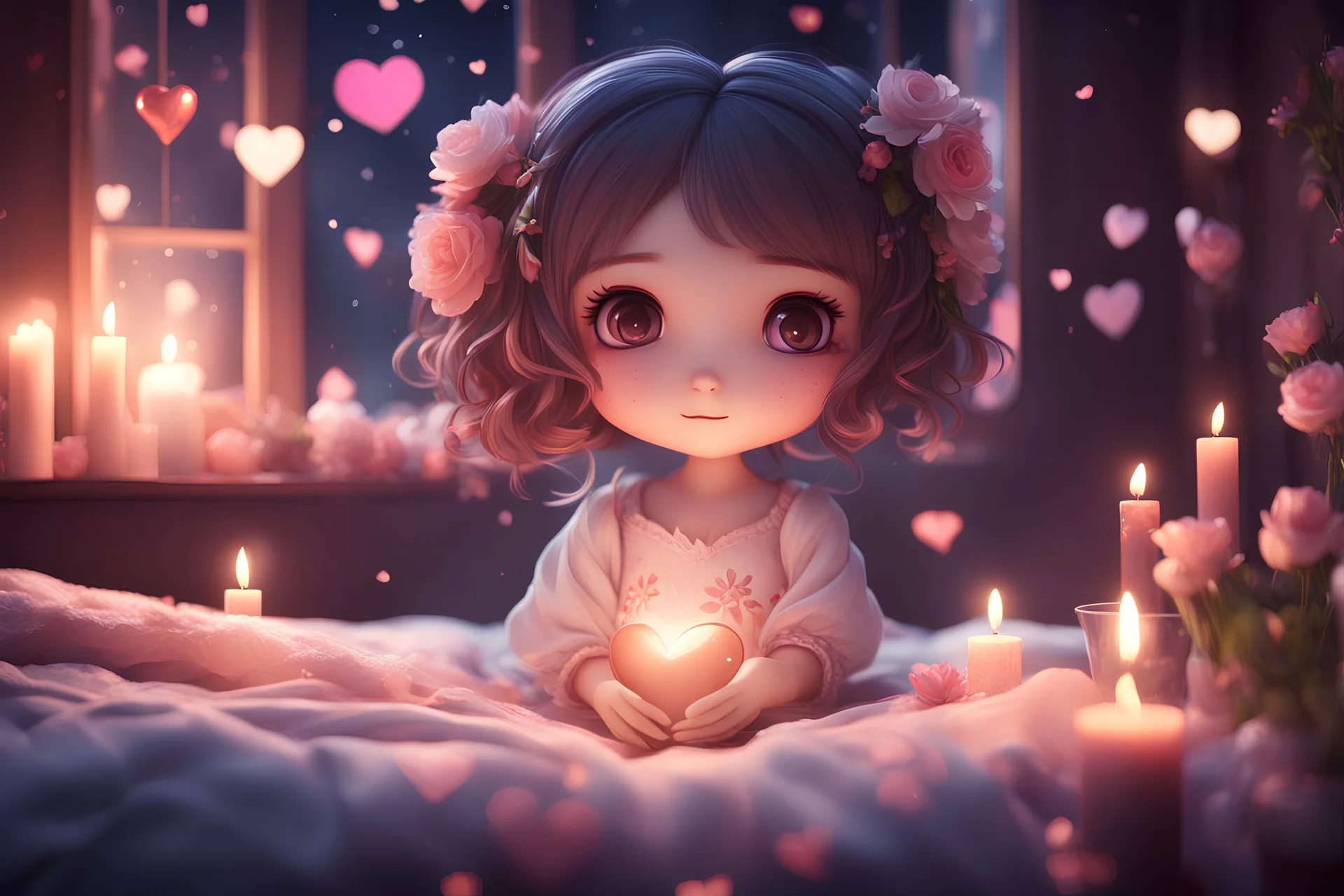 Cute chibi girl in a bedroom at night, flowers in candlelight, heart and love, ethereal, cinematic postprocessing, bokeh, dof Weight:1 detailed matte painting, deep color, fantastical, intricate detail, splash screen, complementary colors, fantasy concept art, 8k resolution trending on Artstation Unreal Engine 5 Weight:0.9