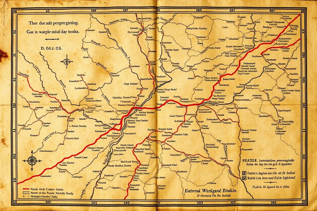 a scan of an ancient Cree Anishinaabe road map, hand drawn been stained and weathered, text is in Cree Syllabic