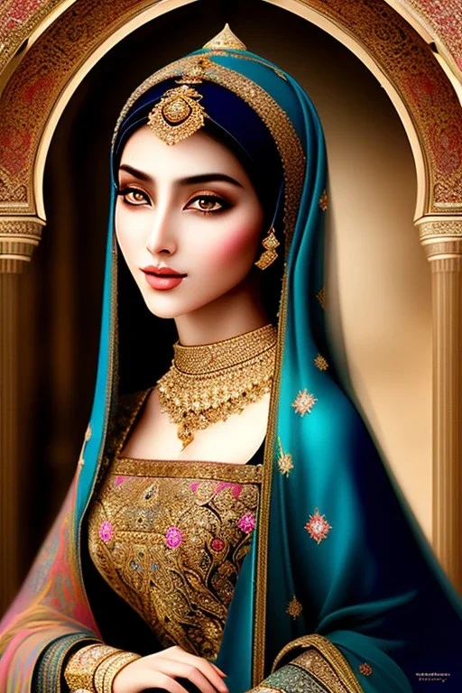 A beautiful Arab Muslim princess from the Abbasid era , beautiful portrait, flowery landscape