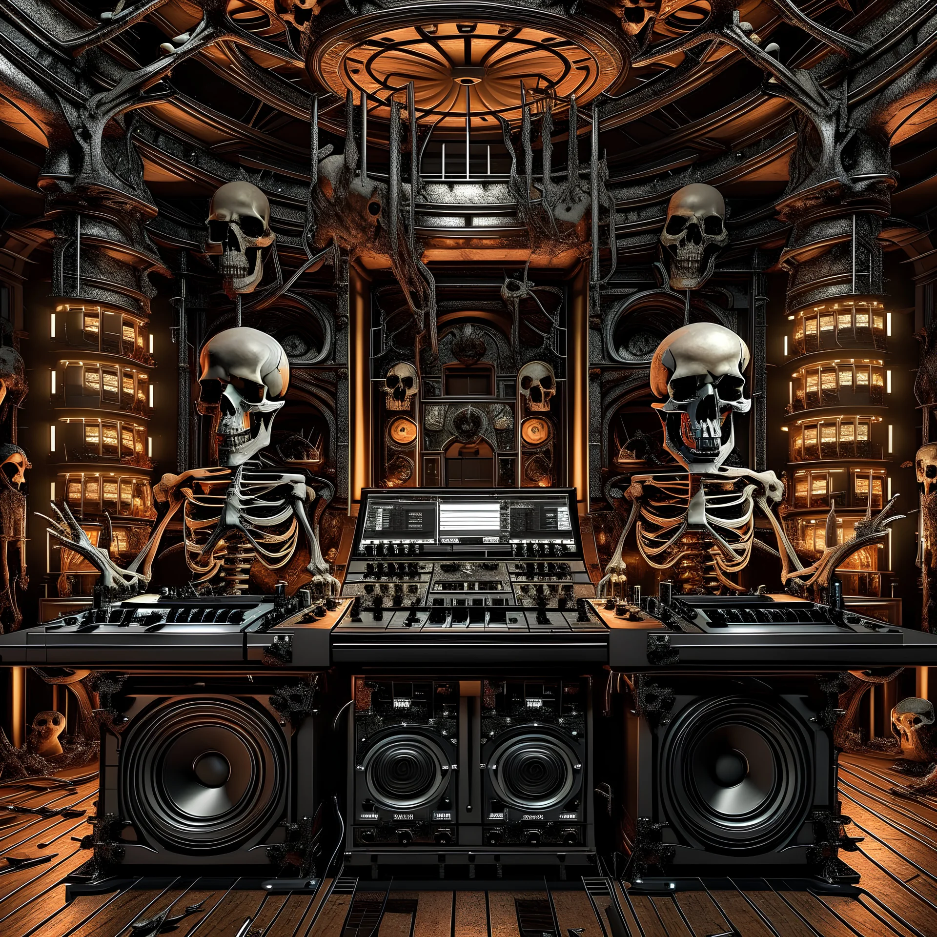 DJ of the damnded, insanely detailed DJ booth in hell, MID set, speakers and equipment made of bone, anatomically correct, add more skulls in th audience, photorealism, vray, 8k 3d