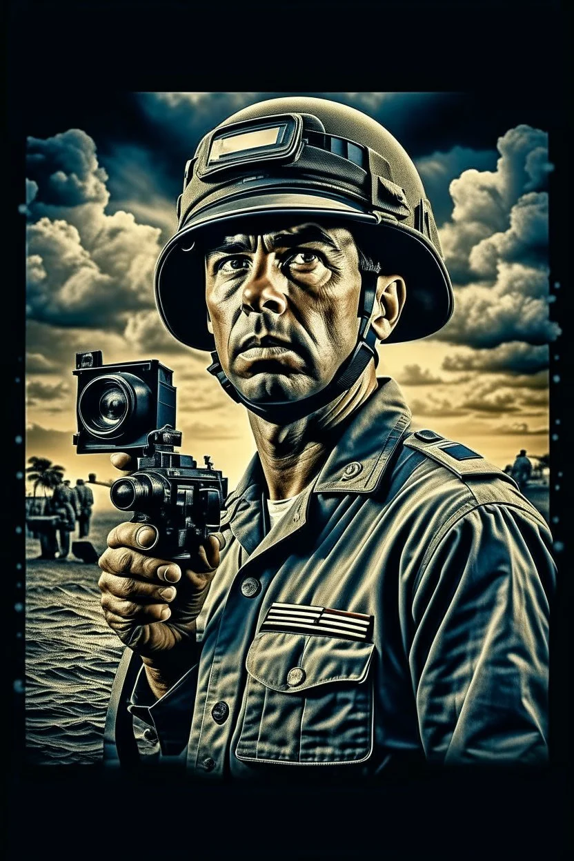 A movie poster of a American navy soldier ground level camera view looking up camera shots in the style of oil painting