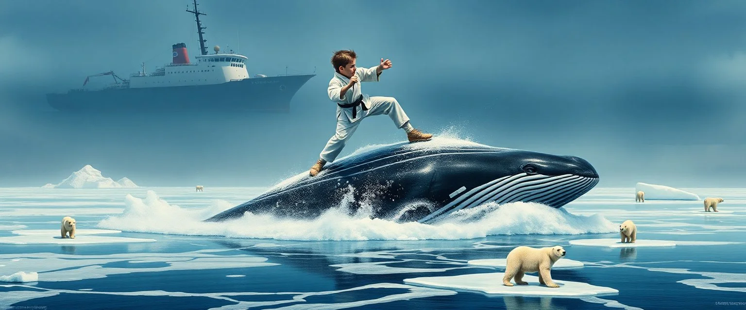 close up on karate kid in kick boxing match on top of whale, painted by rembrandt, ultra-realistic 4-panel expedition poster, 2x2 grid layout, each panel is a completely separate scene with no interaction between panels. A thin red route line connects the panels visually but does not affect scene content. Top left panel: Russian Arctic coast, icebreaker ship navigating frozen sea ice in calm conditions, polar bears standing far away on separate ice floes, no interaction with ship, safe distance,