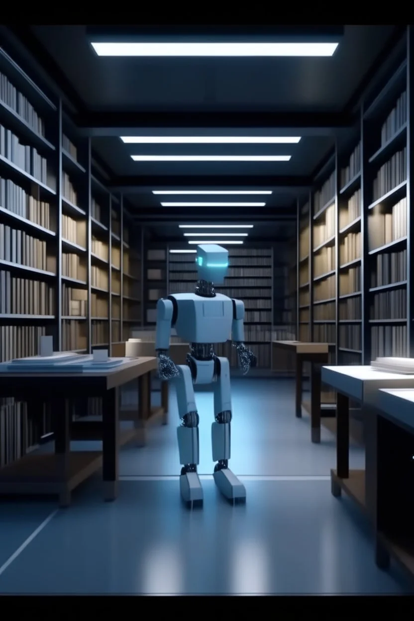 A modern library. Robotic book delivery, everything is automated. Cutting-edge library interior design. Everything is drawn in detail, in high resolution. 8k