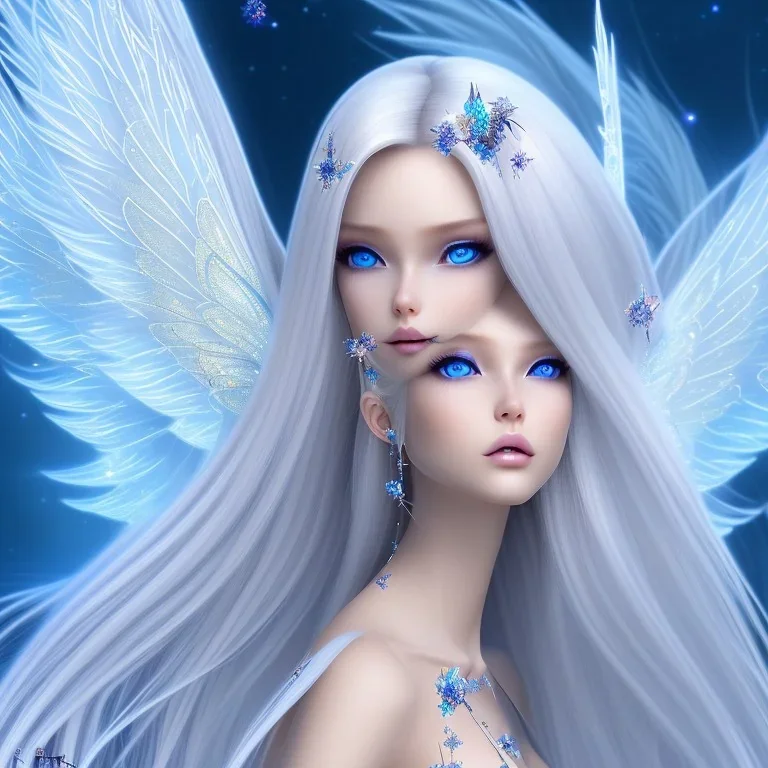  beautiful, soft, smiling, long and straight blonde hair, bluish background, fairy wings on the back