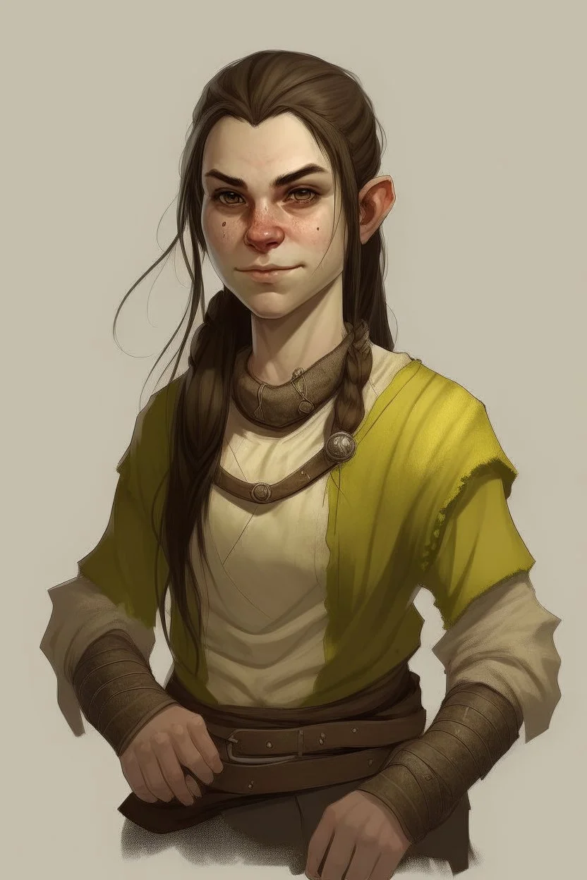 teen woman half orc with beige clothing