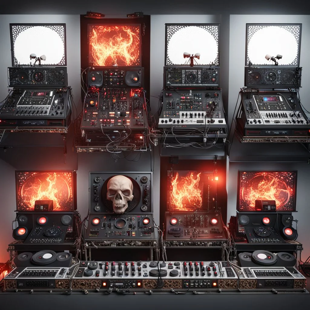 DJ of the damnded, insanely detailed DJ booth in hell, MID set, speakers and equipment made of bone, anatomically correct, add more skulls in th audience, photorealism, vray, 8k 3d https://stablecog.com/generate?o=a67b60e0-edd2-418d-9744-d1d585055d7fv https://stablecog.com/generate?o=93026b00-ac6b-436a-bc57-6aa04073d4a9