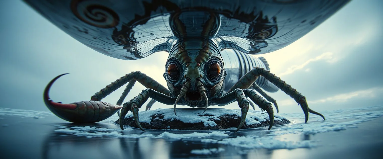 airbrush 3d rendering, frontal close up of alien gremlin underneath chrome centipede lobster huge space ship on small frozen island in lake, pinhole cam, background motion blur