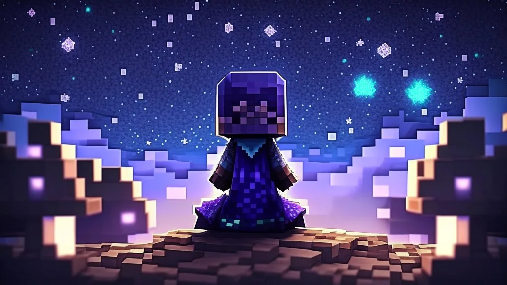 Minecraft Character, minecraft theme, purple starry sky, meditating, aesthetic, facing back, wearing gown, chinese theme