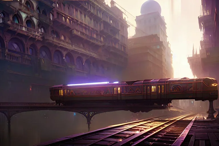 Elevated train+corner Venice building+alphonse mucha, greg rutkowski,matte painting, cryengine, hyper detailed, felix kelly, fantasy art, seb mckinnon