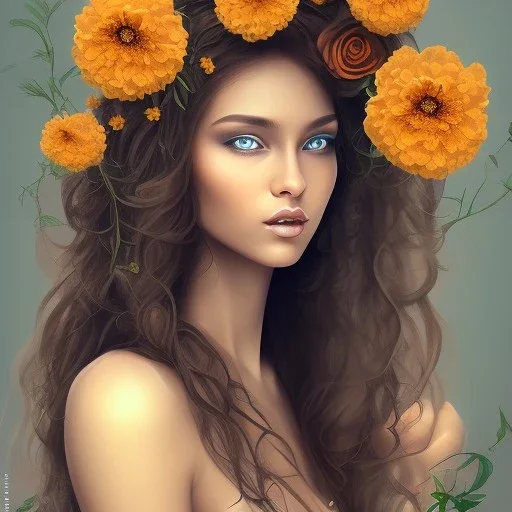 Black woman, flowers in hair, long brown hair, beautiful face, marigold