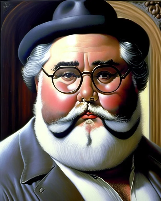 Pintura del pintor Fernando Botero de pie, con gafas redondas y barba blanca pequeña, bigote pequeño, cuerpo completo, arte de tinta, calidad ultra, 8k, cuerpo completo, barba pequeña