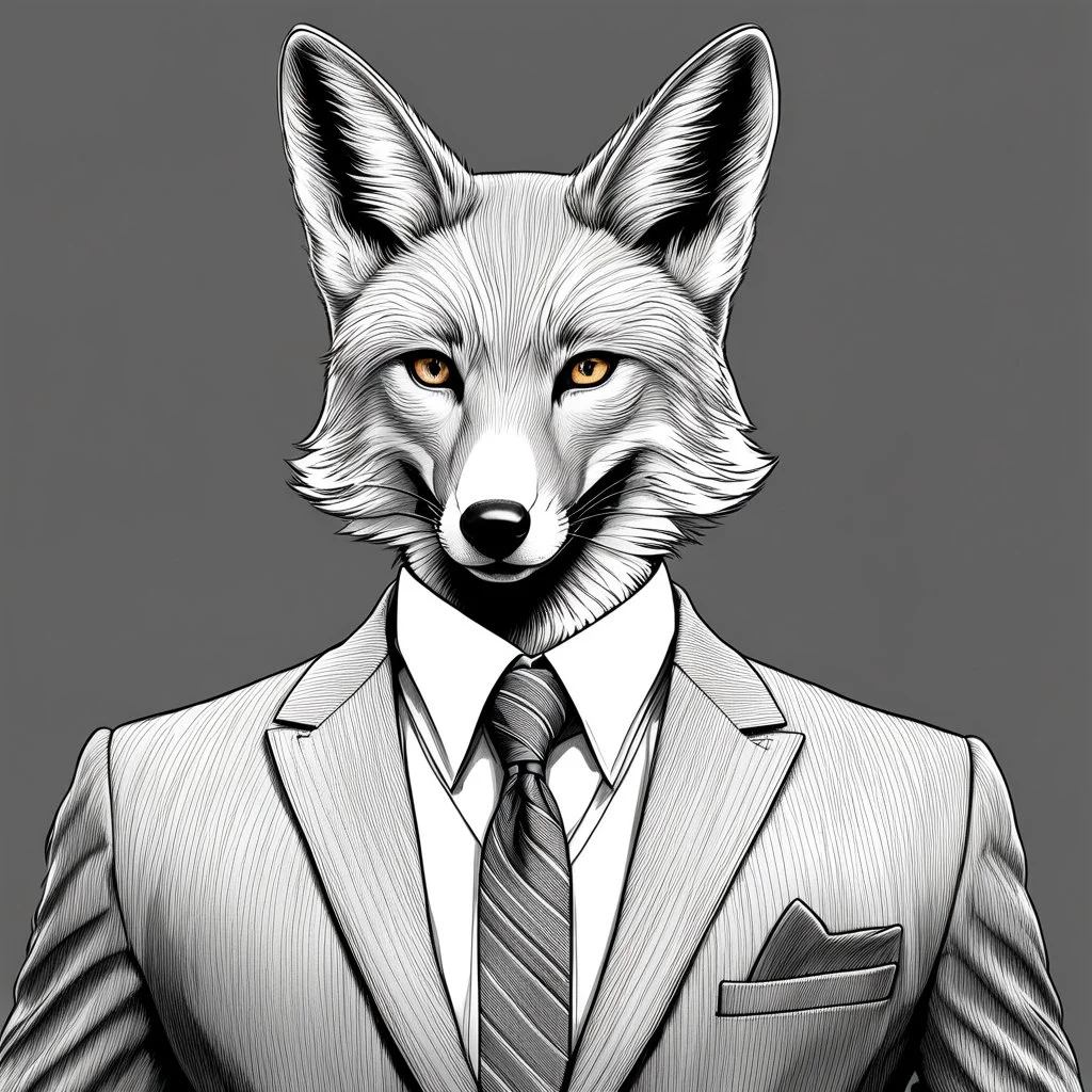 Illustrative sketch of an image of a humanoid fox, ironic, suit and tie, ultra quality line art, 8k