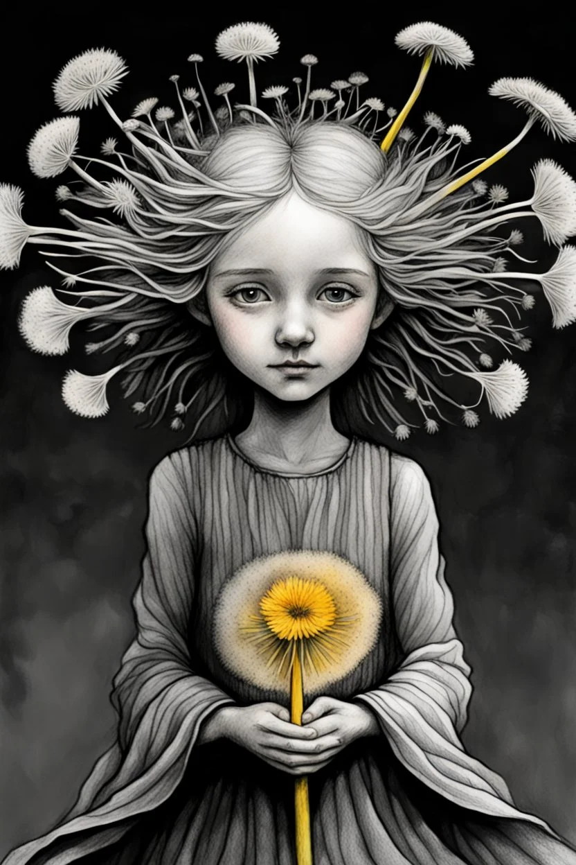 pencil and charcoal sketch of a cute happy little dandelion fairy girl, Mucha inspired emotional nature ephemeral sculptures of Andy Goldsworthy, tiny human form, essence captured as if created by surrealist photographer Noel S Osvald rendered in bright ombre colors, mixed with influences by John Bauer and Tim Burton, faded dark grey background, minimalistic art, with details that reflect advanced rendering techniques that push the drawing's realism even further Modifiers: trending on Artstation