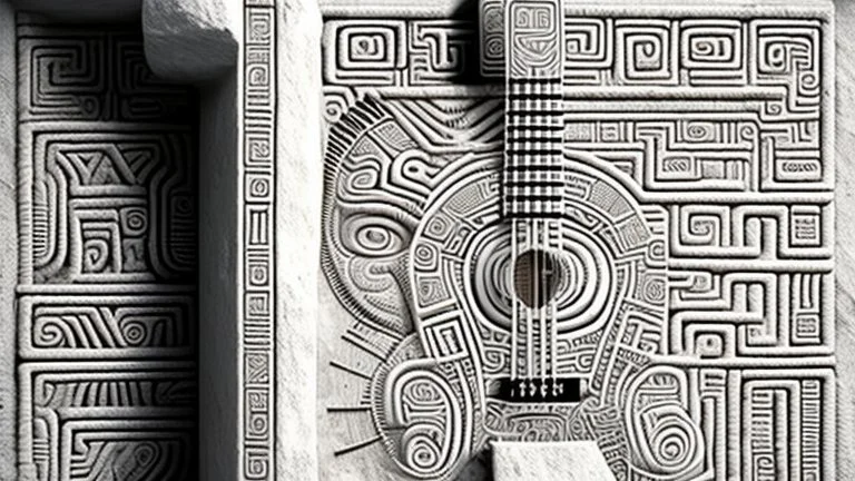 futuristic, realistic,tecno music, mayan drawings on white stone