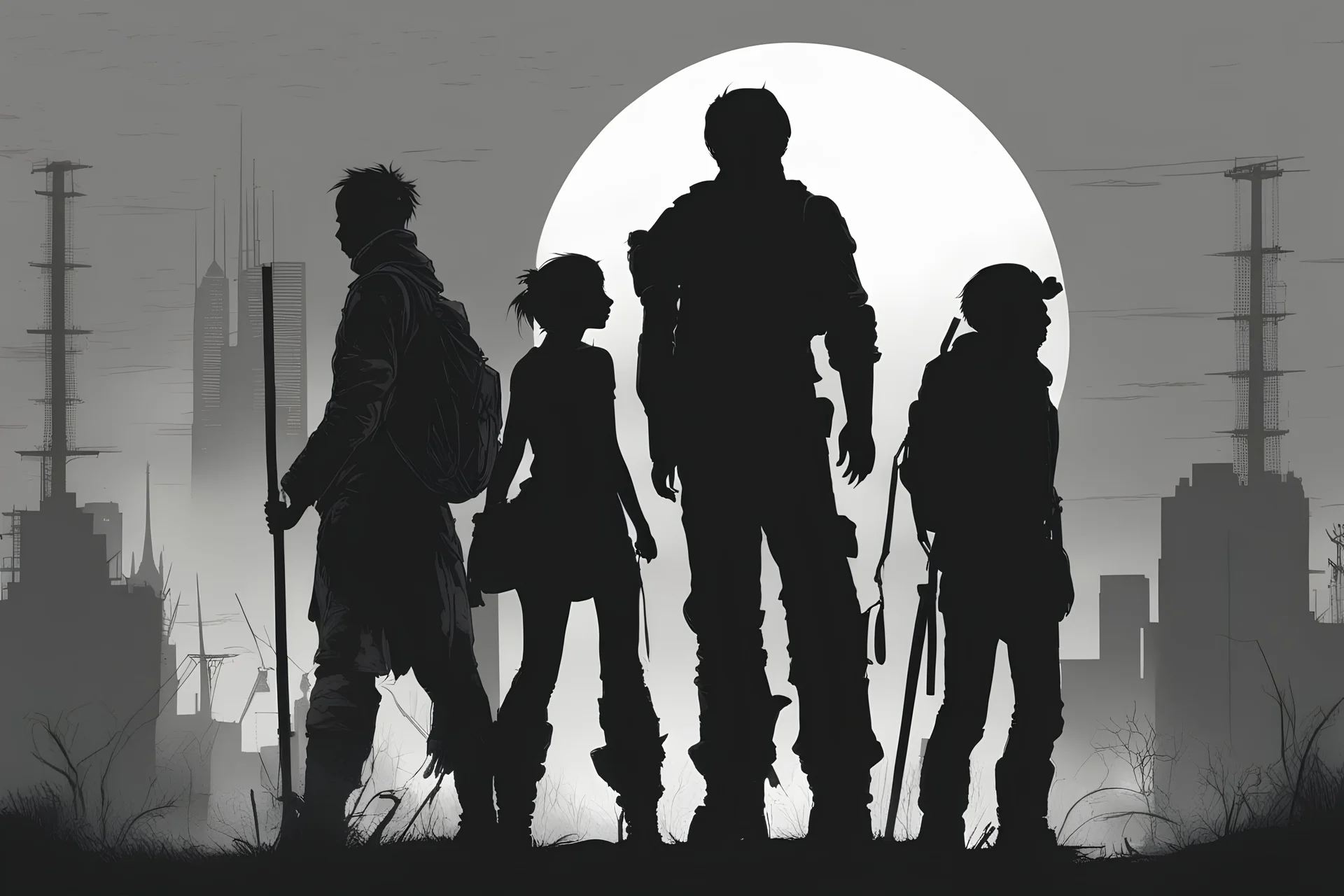 four persons, standing, silhouette, comic book,post-apocalypse, backpack,