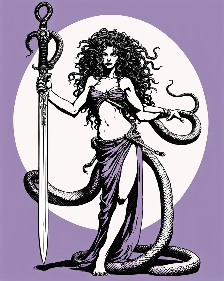 detailed persona, female, sword in hand, gorgon medusa, half turn, full height, leans on one leg, snakes on the head instead of hair