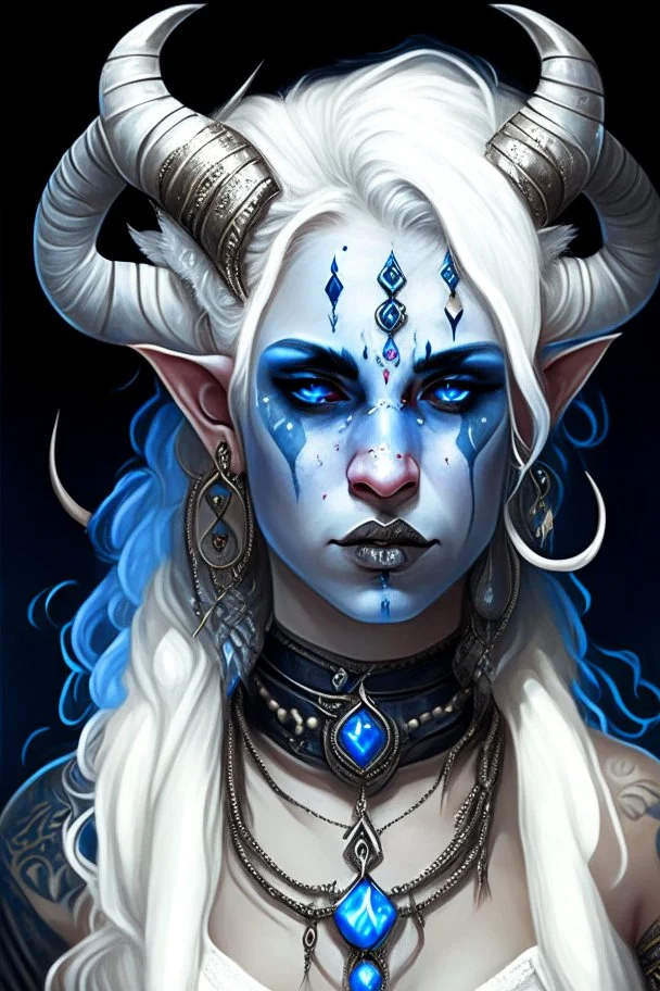 A young tiefling woman with a set of ram horns on her head encrusted with jewels, White-Blonde, medium length hair, black eyes, dressed in white and blue with lots of jewelry, beautiful, tattoos on her neck