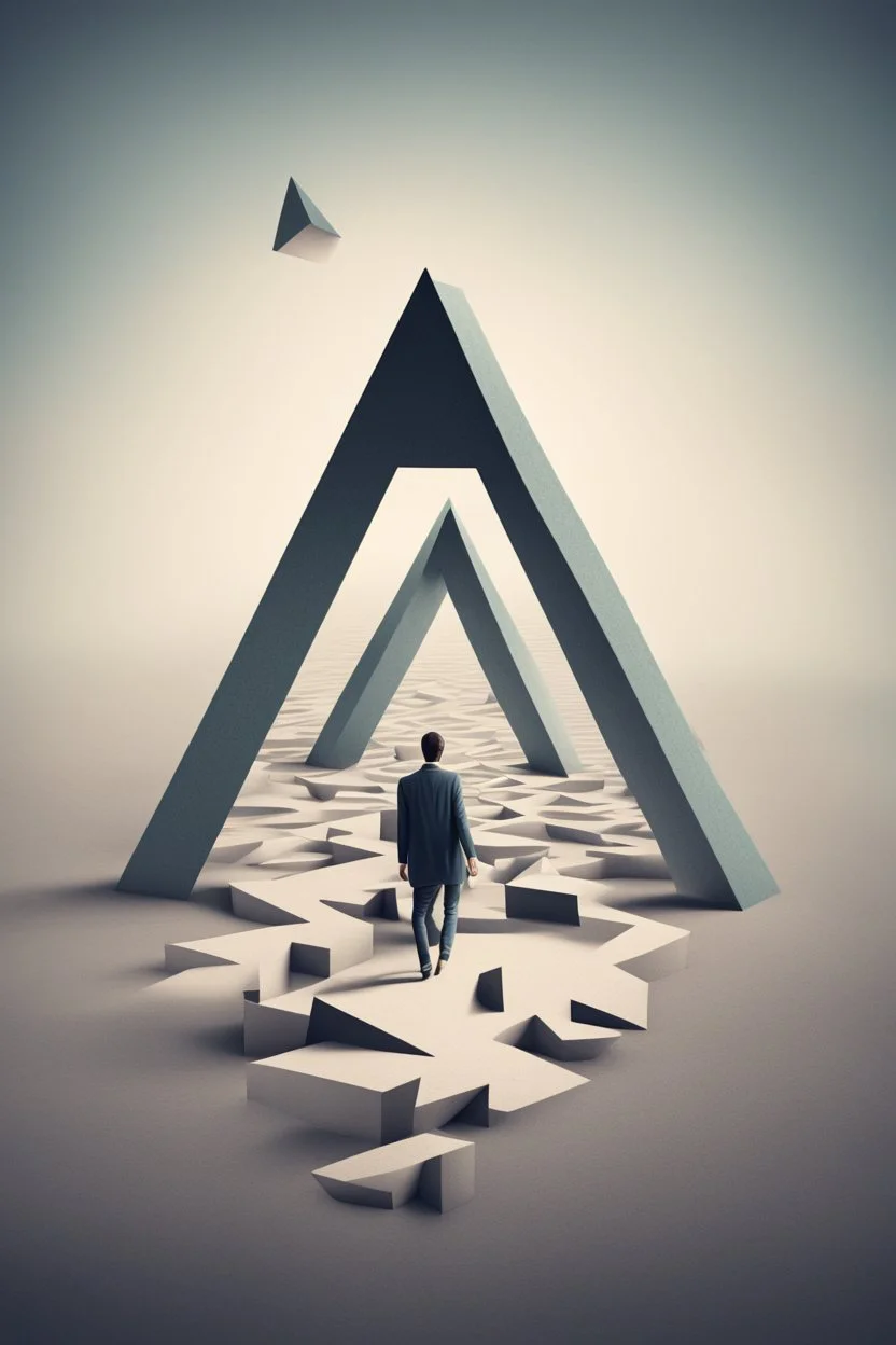 Illustration of man walking on Penrose triangle, surreal concept