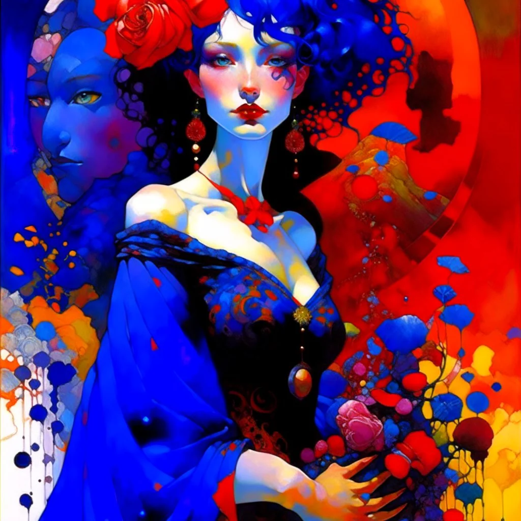 Art by Alice Rahon, Richard Burlet, Odilon Redon, Raymond Swanland, Andrey Remnev, Conrad Roset; Rebellious ravishing girl Rachel, regal in royal blue and ribuli, roaming through the radiant realm of the rainbow river valley with her ruby colored hair, meets a rare raven in a rolling hills of resplendent roses and rustling reeds, under a riotous reflective hues sky.