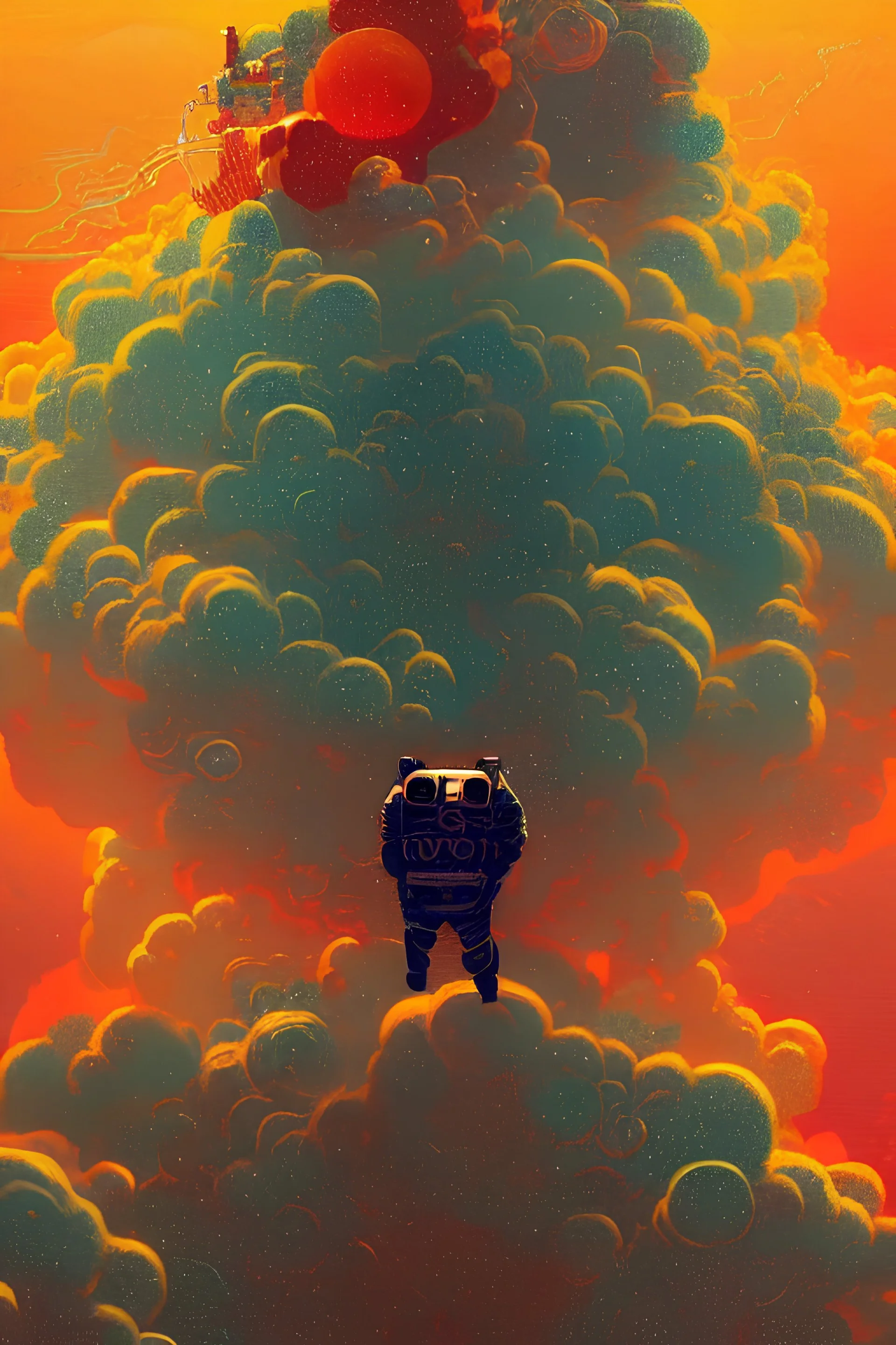 burning astronaut falling in jupiter's clouds, epic scene, by victo ngai, kilian eng vibrant colours, dynamic lighting, digital art, winning award masterpiece, fantastically beautiful, illustration, aesthetically inspired by beksinski and dan mumford, trending on artstation, art by greg rutkowski, 8 k