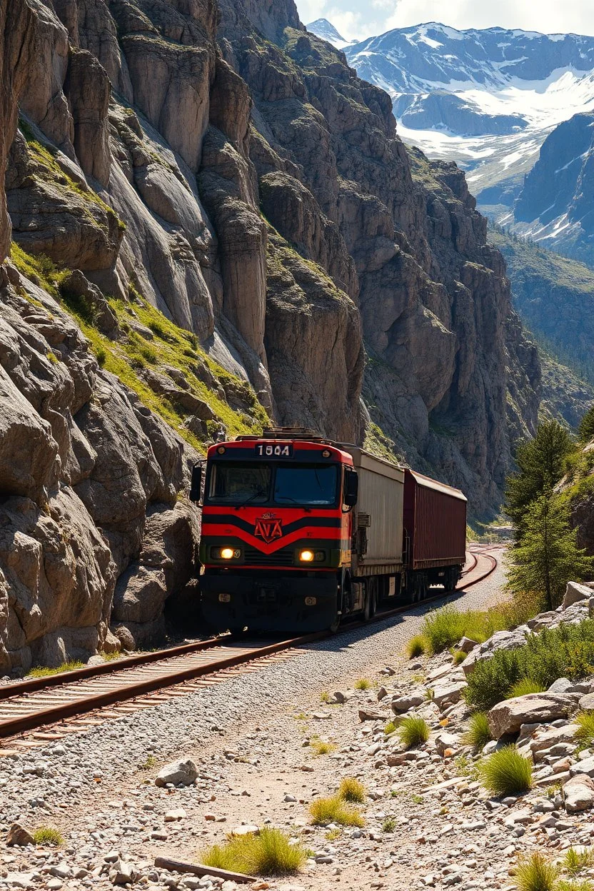 A train truck in stunning mountain landscape, mountain gorge, bright color palette, high detail, perfect composition, gcinematic shot, intricate details, hyperdetail.the collide with the anther train