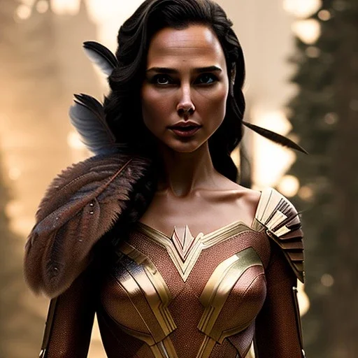 woolitize, gal gadot, rusty metal, feathers, Dryad, fae, sidhe, ominous, nature, plants, wildflower, facepaint, dnd character portrait, intricate, oil on canvas, masterpiece, expert, insanely detailed, 4k resolution, retroanime style, cute big circular reflective eyes, Pixar render, unreal engine cinematic smooth, intricate detail , soft smooth lighting, soft pastel colors