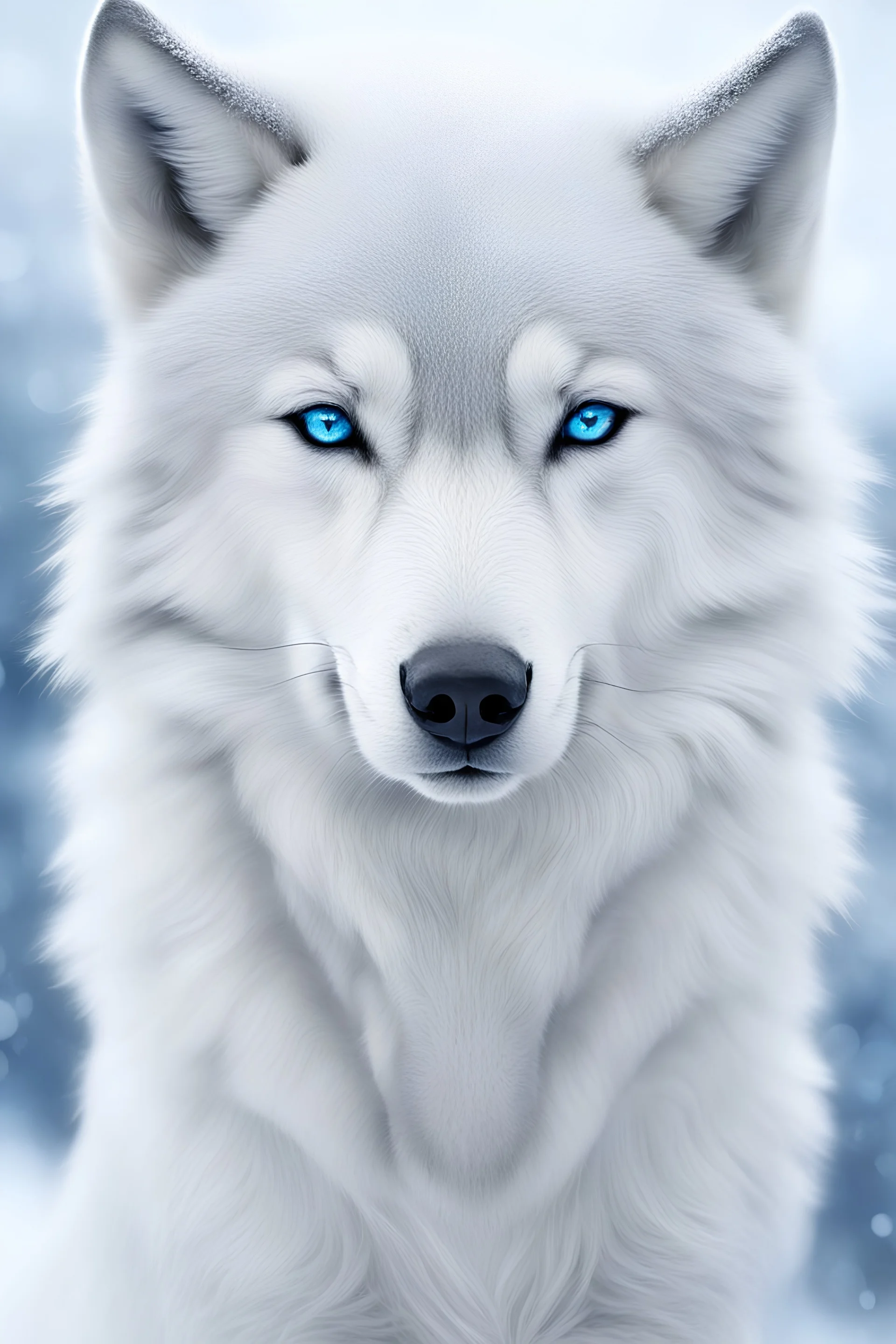 a wolf. Pure white. Very gentle look, blue eyes accompanied by a fairly feminine androgynous look. So he's a guy but he looks really very feminine. Blue eyes. in a snowy landscape. maybe also ice particle effects.