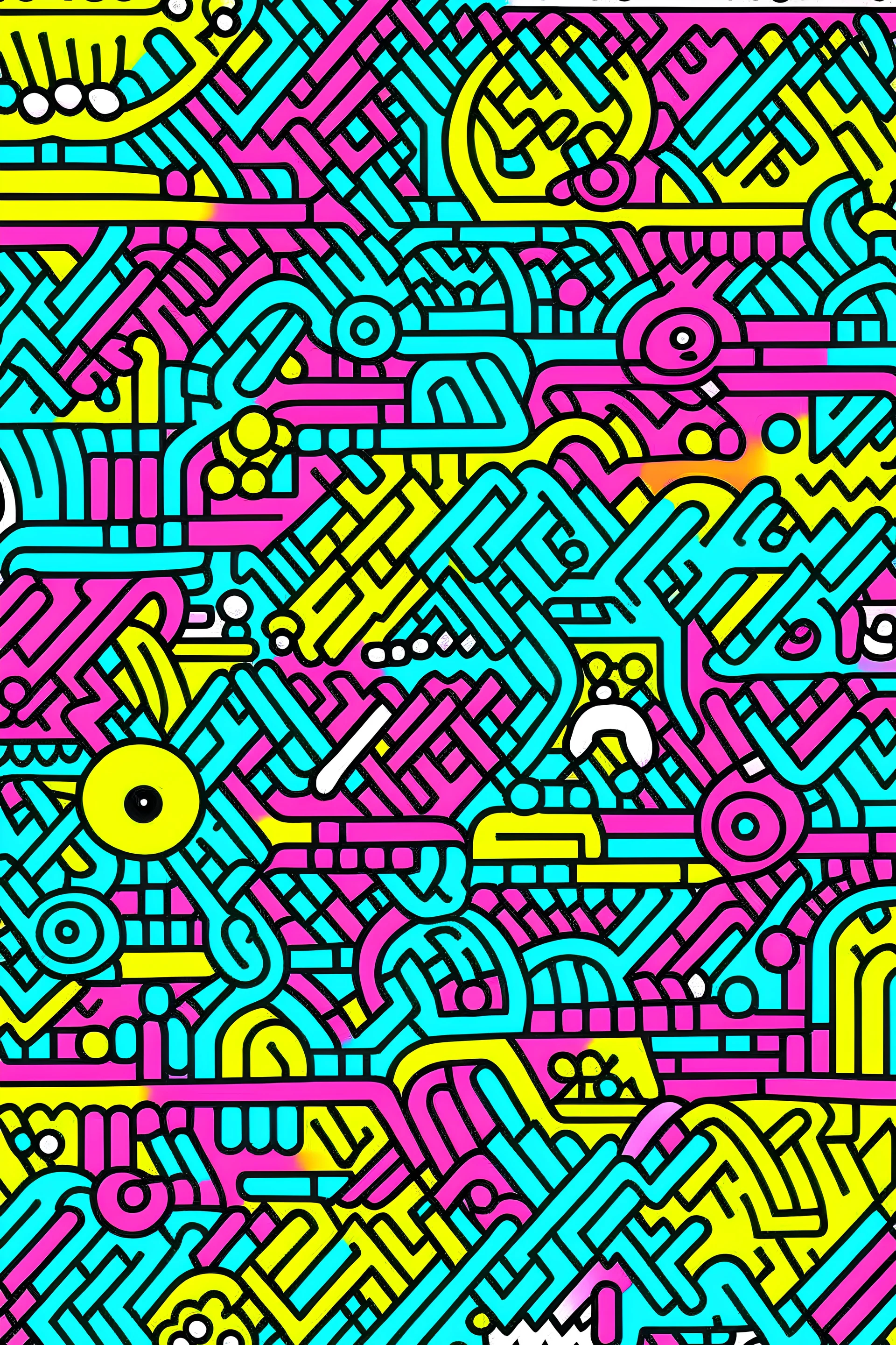 A vector line art image in the style of Keith Haring, with dozens of tiny abstract icons, using a single line weight. The color palette should heavily feature the colors cyan, magenta, yellow, and black, with a white background. The image should be low contrast with excessive white space.