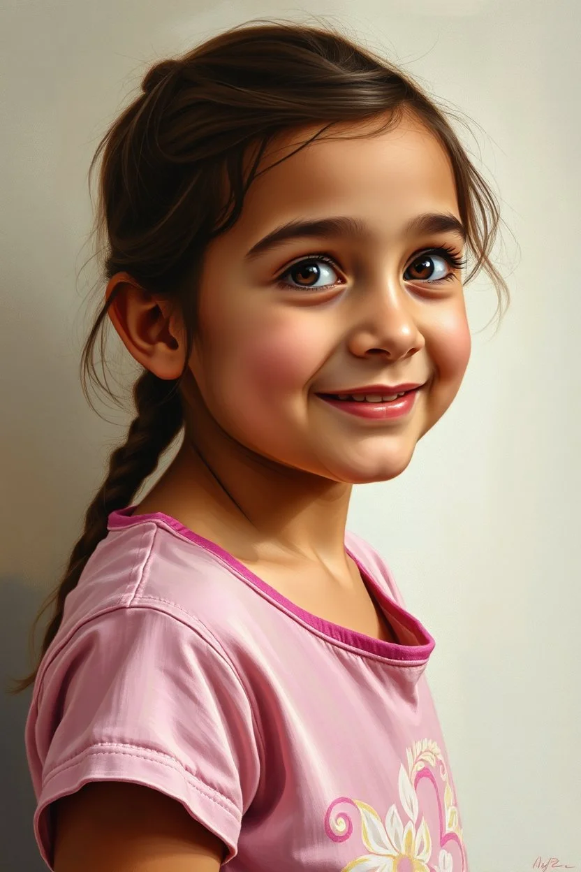 A five-year-old Palestinian girl with a beautiful face, turning her face slightly to the right, smiling slightly, her mouth closed, not showing her teeth, her eyes looking to the left, she looks drawn with oil paints